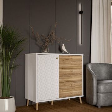 Comoda 1 Usa Si 3 Sertare Ankona, Alb Si Stejar Mauvella, 94.5 Cm