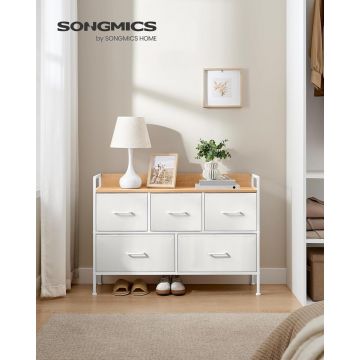 Comoda cu 5 sertare textile, Vasagle, 98.2x29x70 cm, otel/MDF/poliester, alb nor/bej