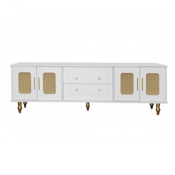 Comodă TV în stil retro cu mânere aurii, uși din ratan și picioare din metal, spațiu de depozitare generos, 175x38x55,5 cm, alb