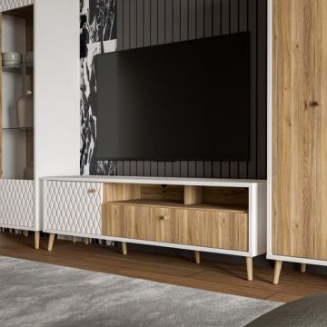 Comoda Tv Mare Cu 1 Usa Si 1 Sertar Ankona, Alb Si Stejar Mauvella, 154.5 Cm