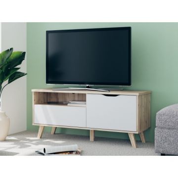 Comoda TV Mica Cu 1 Usa Si 1 Sertar Vankka, Stejar Pardosit Si Alb, 124.4 Cm Comoda TV Mica Cu 1 Usa Si 1 Sertar Vankka, Stejar Pardosit Si Alb, 124.4 Cm