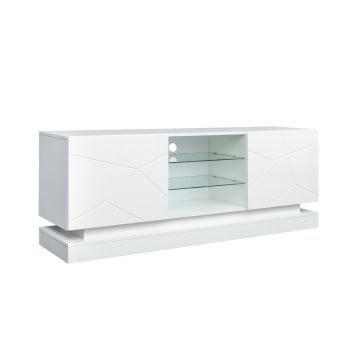 Comoda TV Moderno Lucios cu Raft de Sticlă Reglabil și Balamale Silențioase, Suport pentru TV până la 70 Inch, 160x38,5x60 cm, Alb
