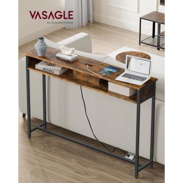Consola cu cu priza si USB Slim, Vasagle, 120x25x81 cm, PAL/otel, maro