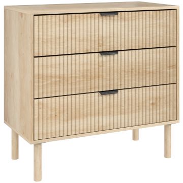 HOMCOM Comodă cu 3 Sertare, Picioare din Lemn Masiv și Design Canelat, 80x40x77,5 cm, Lemn Natural | Aosom Romania
