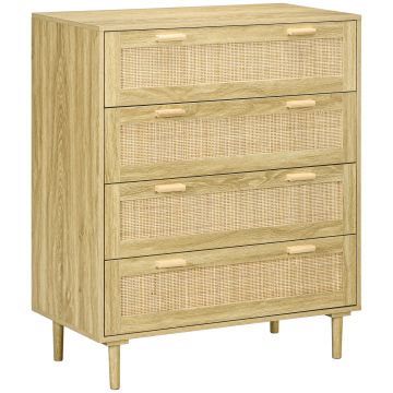 HOMCOM Comodă cu 4 Sertare în Stil Boho, Comodă din Lemn și Ratan pentru Dormitor și Hol, 90x45x108,5 cm, Stejar | Aosom Romania