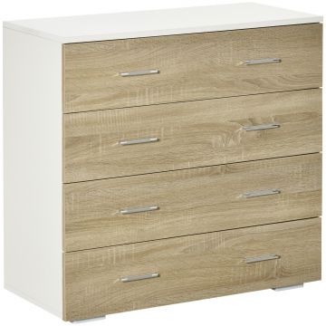HOMCOM Comodă cu 4 Sertare, Mânere din Aluminiu și Structură din Lemn, 76x35x72cm, Alb și Stejar | Aosom Romania