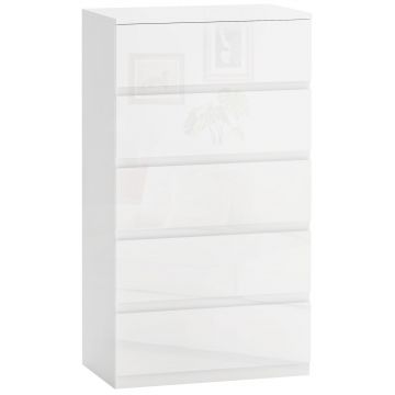 HOMCOM Comodă, Modernă și Anti-răsturnare, Dulap de Depozitare cu 5 Sertare din Pal Melaminat, 55x33x100 cm, Alb Lucios | Aosom Romania