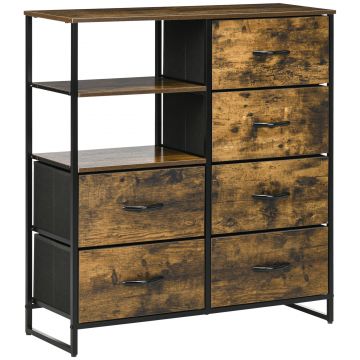 HOMCOM Comodă Pliabilă cu 6 Sertare, 2 Rafturi Deschise din Material și Picioare Reglabile, 84x30x92 cm, Maro Rustic | Aosom Romania