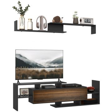HOMCOM Mobilier TV cu Raft de Perete, Rafturi Deschise și Dulăpior din Lemn, 153,6x25x42 cm, Negru | Aosom Romania