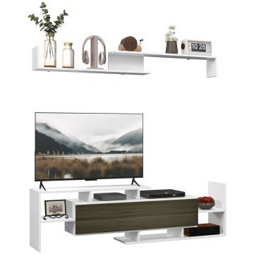 HOMCOM Mobilier TV cu Raft de Perete, Rafturi Deschise și Dulăpior din Lemn, Mobilier TV Modern, 153,6x25x42 cm, Alb | Aosom Romania