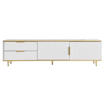 Mobilă TV joasă cu textură sculptată, mânere și picioare aurii, structură cu efect de marmură pentru living, 175x40x45 cm, albă