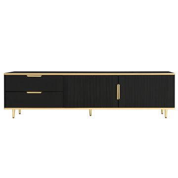 Mobilă TV joasă cu textură sculptată, mânere și picioare aurii, structură cu efect de marmură pentru living, 175x40x45 cm, negru