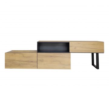 Mobilă TV modulară, reglabilă în lungime de la 135 la 200 cm, cu trei sertare și compartiment spațios, 120x34,5x30 cm + 120x34,5x50 cm, Natural