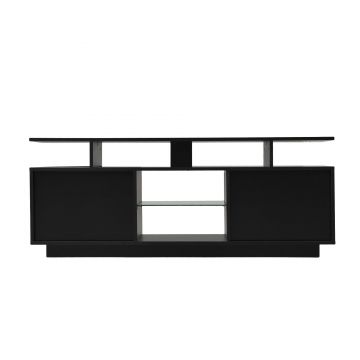 Mobilier TV modern cu iluminare LED în 16 culori, panou frontal lucios, raft din sticlă, 140×35×55 cm, Negru
