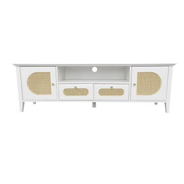 Mobilierul TV din Rattan Curbat cu Uși Pictate și Compartimente Deschise, 160x38x50 cm, Alb