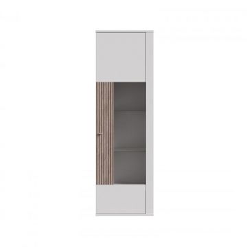 Vitrina stanga AMBRA, cu usa de sticla, 5 rafturi, alb + stejar Rovere, 64x42x205 cm