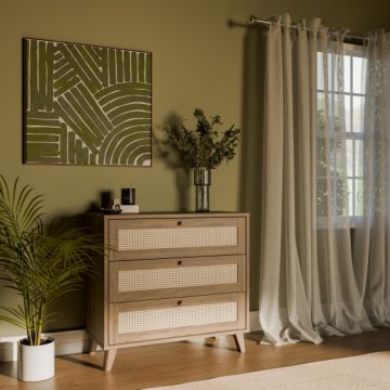 Comoda 3 Sertare Glowkiss, Stejar Valencia Si Ratan Natural, 89.8 Cm