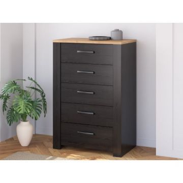 Comoda 5 Sertare Blackhit, Stejar Riviera Si Stejar Cabezone, 71.7 Cm