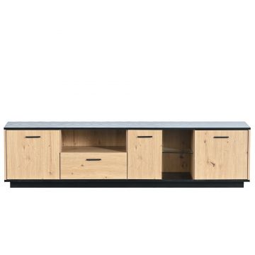 Comodă TV cu O Sertar, Trei Uși și Două Rafturi din Sticlă, Iluminare LED cu 15 Culori Variabile, 180x40x45 cm, Negru+ Natural