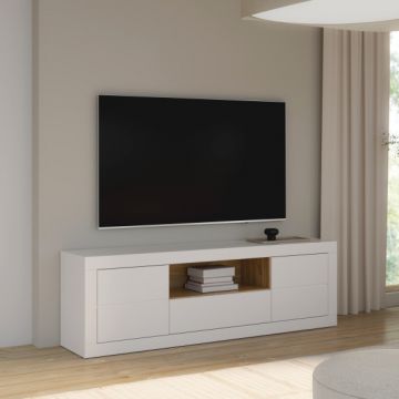 Comoda Tv Mare Lufkira, Usa si sertare cu push-open, Alb Si stejar Mauvella, 195.4 Cm