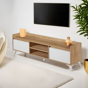 Comoda TV, Tuvalle, Tuval 045, 160x47x34 cm, Stejar / Alb