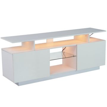 Modernă comodă TV cu iluminare LED în 16 culori, panou frontal lucios, raft de sticlă, 140×35×61 cm, Alb