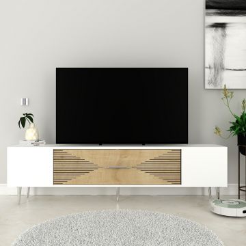 Comoda TV, Olivia, Dekol1, Stejar Safir / Alb / Argintiu