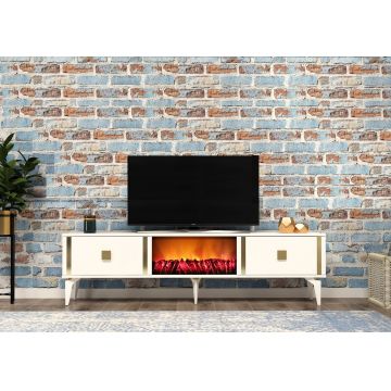 Comoda TV, Olivia, Doruk Fireplace, 150x44.6x29.6 cm, PAL , Alb/Auriu