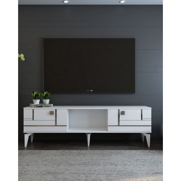 Comoda TV, Olivia, Madera, Alb / Argintiu