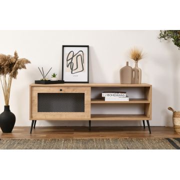 Comoda TV, Wolina, Wire 140, 138x55x41 cm, 100% PLANCĂ DE PARTICULAȚI VOLTATE, Stejar