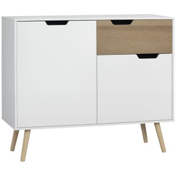HOMCOM Bufet Mobilier de depozitare pe picior de tip scandinav cu dulapuri pentru Baie, sufragerie, Bucătărie, Picioare din lemn masiv de pin - Alb - dim. 98L x 39l x 81.5H cm | Aosom Romania