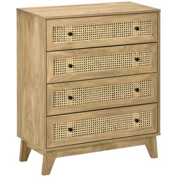 HOMCOM Comodă cu 4 Sertare Stil Boho din Ratan 80x35x95 cm Lemn Natural | Aosom Romania