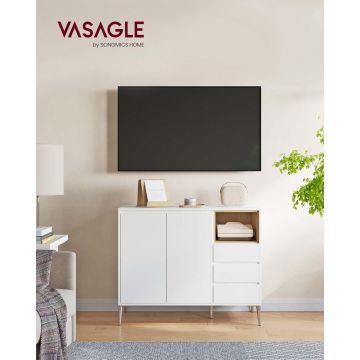 Bufet cu 2 usi si 3 sertare / Comoda Vasagle, 103.5x40x84 cm, MDF/PAL, alb
