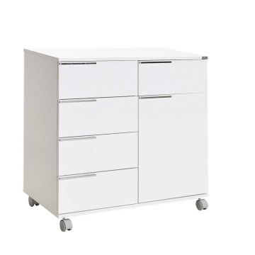 Comoda Adore Diamond, 1 usa, 5 sertare, cu rotile, Alb Lucios, 85 x 44 x 81 cm Comoda Adore Diamond, 1 usa, 5 sertare, cu rotile, Alb Lucios, 85 x 44 x 81 cm