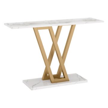 Consola Wirmo aspect marmura alb melaminat - picior din metal auriu 110x30x80cm Consola Wirmo aspect marmura alb melaminat - picior din metal auriu 110x30x80cm