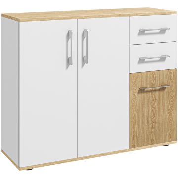 HOMCOM Bufet de Bucătarie cu 2 Sertare 2 Dulapuri și Rafturi Ajustabile pentru Sufragerie 90x30x75,5 cm Alb și Natural | Aosom Romania