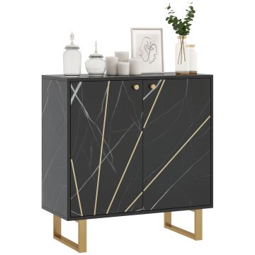 HOMCOM Bufet de depozitare cu 2 uși și raft reglabil, picioare din metal 76 x 35 x 77 cm ton marmură neagră | Aosom Romania