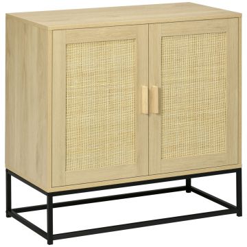 HOMCOM Bufet joasă de stil boem cu dulap 2 uși ratan țesut raft ajustabil în înălțime 80 x 40 x 80 cm natural | Aosom Romania