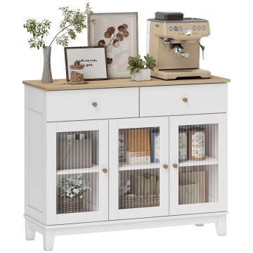 HOMCOM Bufet salon cu 2 dulapuri cu uși din sticlă temperată canelată, 2 sertare și rafturi reglabile, 100 x 35 x 80,3 cm, alb | Aosom Romania