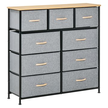 HOMCOM Comodă 9 sertare mobilier de depozitare sertar din material textil pliabil - structură oțel negru - 100 x 30 x 100 cm, stejar și gri | Aosom Romania