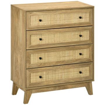HOMCOM Cómoda cu 4 Sertare Comoda de Lemn cu Fronturi de Ratan Stil Cannage pentru Dormitor 80x35x95 cm Natural | Aosom Romania