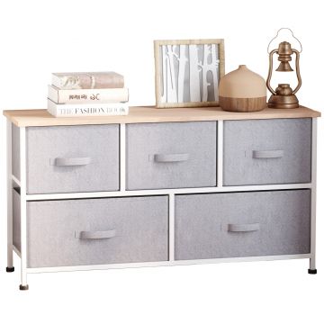 HOMCOM Comodă mobilier de depozitare 100 x 30 x 54 cm 5 sertare netesut gri structură oțel alb lemn deschis | Aosom Romania