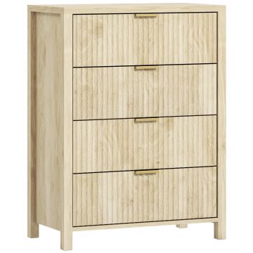 HOMCOM Comodă pentru Dormitor cu 4 Sertare Canelate, Comodă din Lemn cu Mânere Aurii, pentru Sufragerie, Sala de Mese și Hol, 70x38x93 cm, Lemn Natural | Aosom Romania
