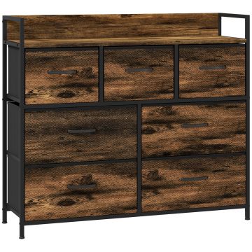 HOMCOM Dulap de Depozitare, Comodă cu 7 Sertare din Material Textil, Design Industrial, Structură din Oțel, 98x29x85cm, Maro/Negru | Aosom Romania