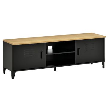 HOMCOM Mobilier TV Banc TV pentru televizoare de 55'' cu 2 Dulapuri Picioare Reglabile Cadru metalic negru Tablou din lemn natural 150 x 40 x 50 cm | Aosom Romania