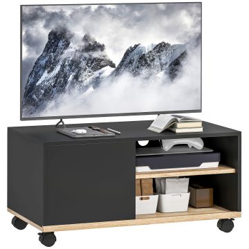 HOMCOM Stand TV pe Roți cu 2 Frâne - 2 nișe + Dulap cu Ușă 2 Treceri pentru Cablu - din Lemn Negru și Stejar Deschis | Aosom Romania