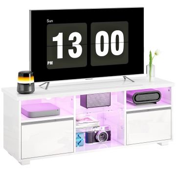 HOMCOM Suport TV 120 cm, suport televizor pentru televizoare de până la 55 inch cu iluminare LED și telecomandă, rafturi din sticlă alb | Aosom Romania