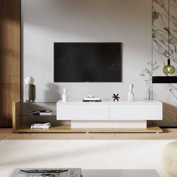 Mobilier TV modern stil rustic cu finisaj alb lucios și lemn, Alb | Aosom Romania