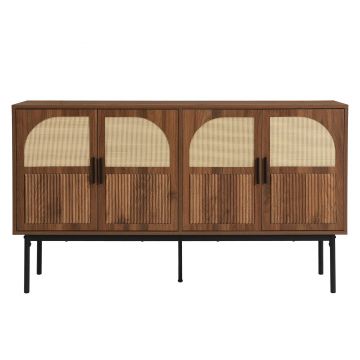 Bufet modern cu ratan, cu 4 uși și mult spațiu de depozitare, design retro-natural, 140x40x80 cm, Culoare naturală