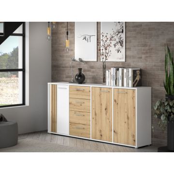 Comoda 3 Usi Si 4 Sertare Cordega Alb Si Stejar Artisan, 179.4 Cm